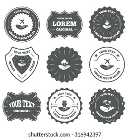 Vintage emblems, labels. Helping hands icons. Travel flight or shipping insurance symbol. Palm tree sign. Save nature forest. Design elements. Vector
