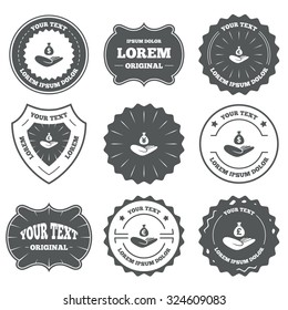 Vintage emblems, labels. Helping hands icons. Money insurance symbols. Hand holds cash bag in Dollars, Euro, Pounds and Yen signs. Design elements. Vector