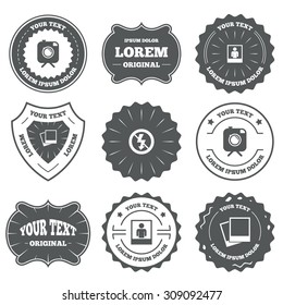 Vintage emblems, labels. Hipster retro photo camera with mustache icon. No flash light symbol. Human selfie portrait photo frame. Design elements. Vector