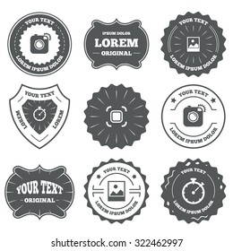 Vintage emblems, labels. Hipster retro photo camera icon. Autofocus zone symbol. Stopwatch timer sign. Landscape photo frame. Design elements. Vector