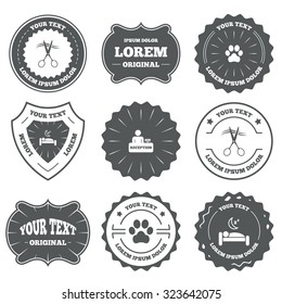 Vintage emblems, labels. Hotel services icons. With pets allowed in room signs. Hairdresser or barbershop symbol. Reception registration table. Quiet sleep. Design elements. Vector