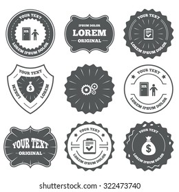 Vintage emblems, labels. Human resources icons. Checklist document sign. Money bag and gear symbols. Man at the door. Design elements. Vector