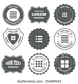 Vintage emblems, labels. List menu icons. Content view options symbols. Thumbnails grid or Gallery view. Design elements. Vector