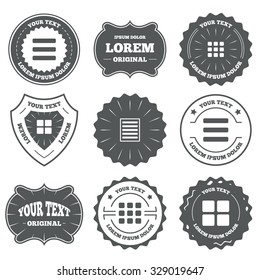 Vintage emblems, labels. List menu icons. Content view options symbols. Thumbnails grid or Gallery view. Design elements. Vector