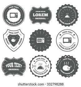 Vintage emblems, labels. Microwave grill oven icons. Cooking chicken signs. Food platter serving symbol. Design elements. Vector