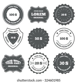 Vintage emblems, labels. Money in Dollars icons. 100, 20, 30 and 50 USD symbols. Money signs Design elements. Vector