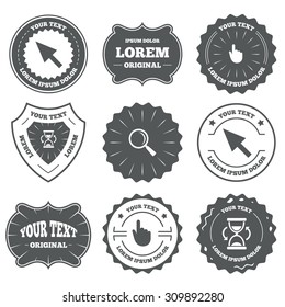 Vintage emblems, labels. Mouse cursor and hand pointer icons. Hourglass and magnifier glass navigation sign symbols. Design elements. Vector
