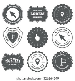 Vintage emblems, labels. Mouse cursor icon. Hand or Flag pointer symbols. Map location marker sign. Design elements. Vector