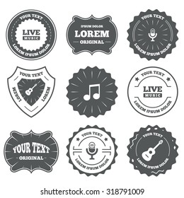 Vintage Emblems, Labels. Musical Elements Icons. Microphone And Live Music Symbols. Music Note And Acoustic Guitar Signs. Design Elements. Vector