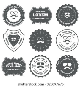 Vintage emblems, labels. Mustache and Glasses icons. Hipster with beard symbols. Facial hair signs. Design elements. Vector