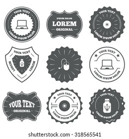 Vintage emblems, labels. Notebook pc and Usb flash drive stick icons. Computer mouse and CD or DVD sign symbols. Design elements. Vector