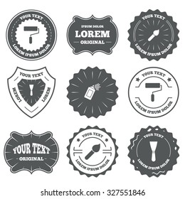 Vintage emblems, labels. Paint roller, brush icons. Spray can and Spatula signs. Wall repair tool and painting symbol. Design elements. Vector