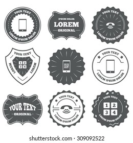 Vintage emblems, labels. Phone icons. Smartphone with Qr code sign. Call center support symbol. Cellphone keyboard symbol. Design elements. Vector