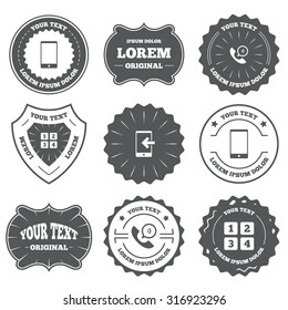 Vintage emblems, labels. Phone icons. Smartphone incoming call sign. Call center support symbol. Cellphone keyboard symbol. Design elements. Vector