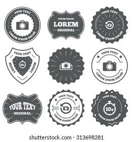 Vintage emblems, labels. Photo camera icon. Flip turn or refresh symbols. Stopwatch timer 10 seconds sign. Design elements. Vector