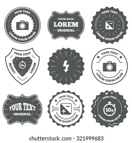 Vintage emblems, labels. Photo camera icon. Flash light and exposure symbols. Stopwatch timer 10 seconds sign. Design elements. Vector