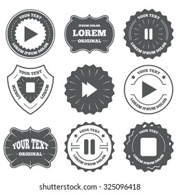 Vintage emblems, labels. Player navigation icons. Play, stop and pause signs. Next song symbol. Design elements. Vector