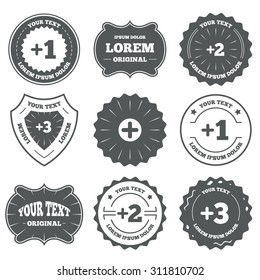 Vintage emblems, labels. Plus icons. Positive symbol. Add one, two, three and four more sign. Design elements. Vector