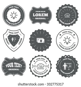 Vintage emblems, labels. Presentation billboard, brainstorm icons. Cash money and lamp idea signs. Man standing with pointer. Scheme and Diagram symbol. Design elements. Vector