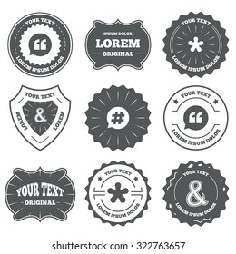 Vintage emblems, labels. Quote, asterisk footnote icons. Hashtag social media and ampersand symbols. Programming logical operator AND sign. Speech bubble. Design elements. Vector