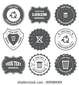 Vintage emblems, labels. Recycle bin icons. Reuse or reduce symbols. Trash can and recycling signs. Design elements. Vector