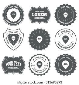 Vintage emblems, labels. Sale pointer tag icons. Discount special offer symbols. 10%, 20%, 30% and 40% percent discount signs. Design elements. Vector