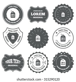 Vintage emblems, labels. Sale price tag icons. Discount special offer symbols. 10%, 20%, 30% and 40% percent sale signs. Design elements. Vector
