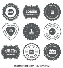 Vintage emblems, labels. Sale speech bubble icon. Black friday gift box symbol. Big sale shopping bag. First month free sign. Design elements. Vector