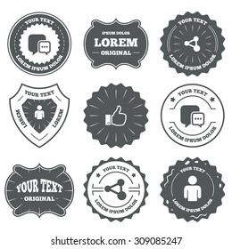 Vintage emblems, labels. Social media icons. Chat speech bubble and Share link symbols. Like thumb up finger sign. Human person profile. Design elements. Vector