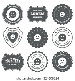 Vintage emblems, labels. Speech bubble smile face icons. Happy, sad, cry signs. Happy smiley chat symbol. Sadness depression and crying signs. Design elements. Vector