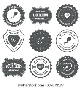 Vintage emblems, labels. Sperm icons. Fertilization or insemination signs. Safe love heart symbol. Design elements. Vector
