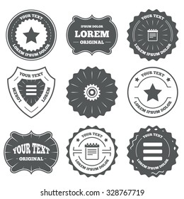 Vintage emblems, labels. Star favorite and menu list icons. Notepad and cogwheel gear sign symbols. Design elements. Vector