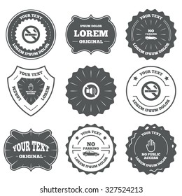 Vintage emblems, labels. Stop smoking and no sound signs. Private territory parking or public access. Cigarette and hand symbol. Design elements. Vector