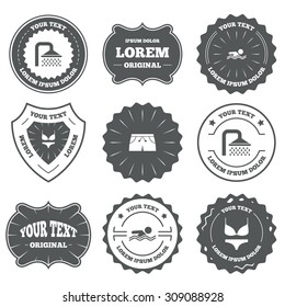 Vintage emblems, labels. Swimming pool icons. Shower water drops and swimwear symbols. Human swims in sea waves sign. Trunks and women underwear. Design elements. Vector