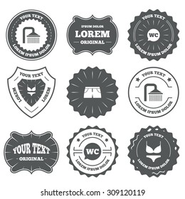 Vintage emblems, labels. Swimming pool icons. Shower water drops and swimwear symbols. WC Toilet speech bubble sign. Trunks and women underwear. Design elements. Vector