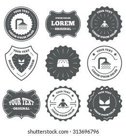Vintage emblems, labels. Swimming pool icons. Shower water drops and swimwear symbols. Human stands in sea waves sign. Trunks and women underwear. Design elements. Vector