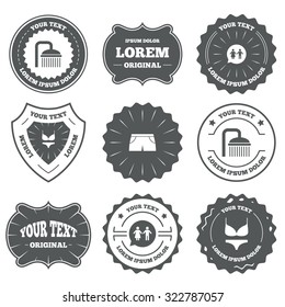 Vintage emblems, labels. Swimming pool icons. Shower water drops and swimwear symbols. WC Toilet speech bubble sign. Trunks and women underwear. Design elements. Vector