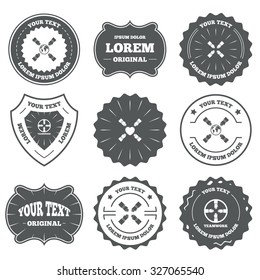 Vintage emblems, labels. Teamwork icons. Helping Hands with globe and heart symbols. Group of employees working together. Design elements. Vector