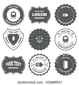 Vintage emblems, labels. Train railway icon. Automatic door symbol. Way out arrow sign. Design elements. Vector