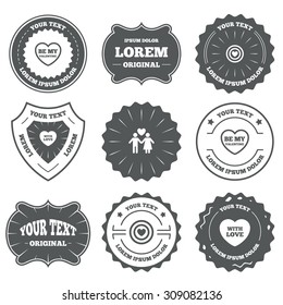 Vintage emblems, labels. Valentine day love icons. Target aim with heart symbol. Couple lovers sign. Design elements. Vector