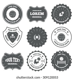 Vintage emblems, labels. Volleyball and net icons. Winner award laurel wreath symbols. Fireball and beach sport symbol. Design elements. Vector