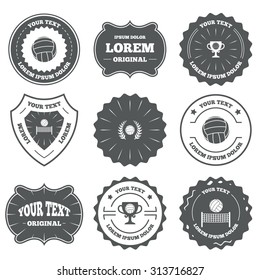 Vintage emblems, labels. Volleyball and net icons. Winner award cup and laurel wreath symbols. Beach sport symbol. Design elements. Vector