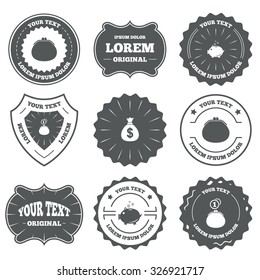 Vintage emblems, labels. Wallet with cash coin and piggy bank moneybox symbols. Dollar USD currency sign. Design elements. Vector