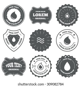 Vintage emblems, labels. Water drop icons. Tear or Oil drop symbols. Design elements. Vector