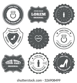 Vintage emblems, labels. Wedding slim dress icon. Women's shoe and love heart symbols. Wedding or engagement day ring with diamond sign. Design elements. Vector