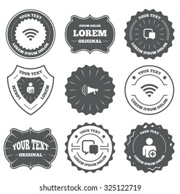 Vintage emblems, labels. Wifi and chat bubbles icons. Add user and megaphone loudspeaker symbols. Communication signs. Design elements. Vector