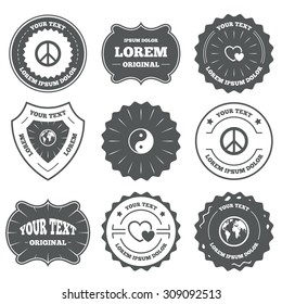 Vintage emblems, labels. World globe icon. Ying yang sign. Hearts love sign. Peace hope. Harmony and balance symbol. Design elements. Vector