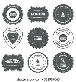 Vintage emblems, labels. You are here icons. Info speech bubble symbol. Map pointer with your location sign. Hand cursor. Design elements. Vector