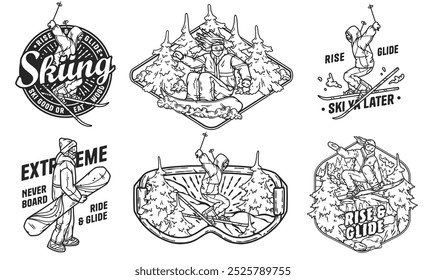 Vintage emblems of skiers and snowboarders in action, perfect for apparel or posters, adding nostalgia to your style. Ideal for outdoor enthusiasts