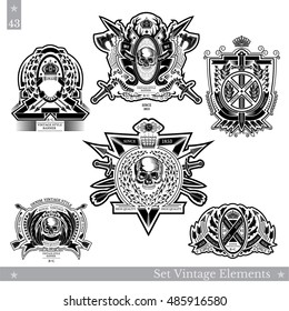 Vintage emblems with skull front view, weapon, wreath and line pattern. Set vector heraldic element for design or t-shirt print on white